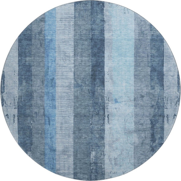 HomeRoots 8' Blue and Gray Striped Round Rug - Washable, UV Protected, Soft, Durable for Coastal Style Living 697281