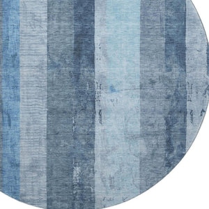 HomeRoots 8' Blue and Gray Striped Round Rug - Washable, UV Protected, Soft, Durable for Coastal Style Living 697281