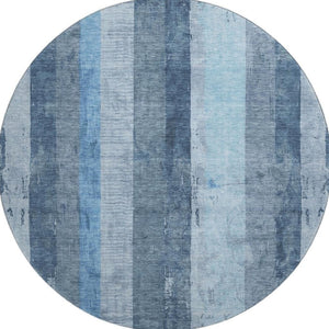 HomeRoots 8' Blue and Gray Striped Round Rug - Washable, UV Protected, Soft, Durable for Coastal Style Living 697281