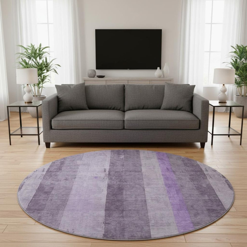 HomeRoots 8' Purple and Ivory Striped Washable Round Rug - Durable, UV-Protected, Stain-Resistant Design for Homes 697287