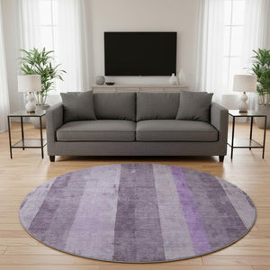HomeRoots 8' Purple and Ivory Striped Washable Round Rug - Durable, UV-Protected, Stain-Resistant Design for Homes 697287