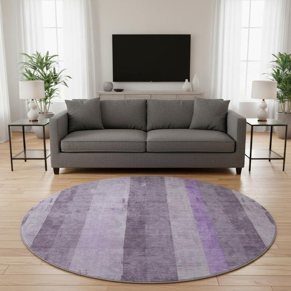 HomeRoots 8' Purple and Ivory Striped Washable Round Rug - Durable, UV-Protected, Stain-Resistant Design for Homes 697287