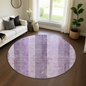 HomeRoots 8' Purple and Ivory Striped Washable Round Rug - Durable, UV-Protected, Stain-Resistant Design for Homes 697287