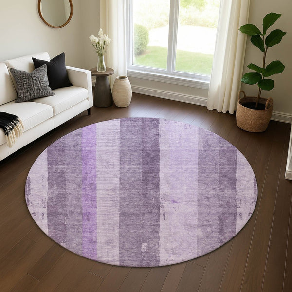 HomeRoots 8' Purple and Ivory Striped Washable Round Rug - Durable, UV-Protected, Stain-Resistant Design for Homes 697287