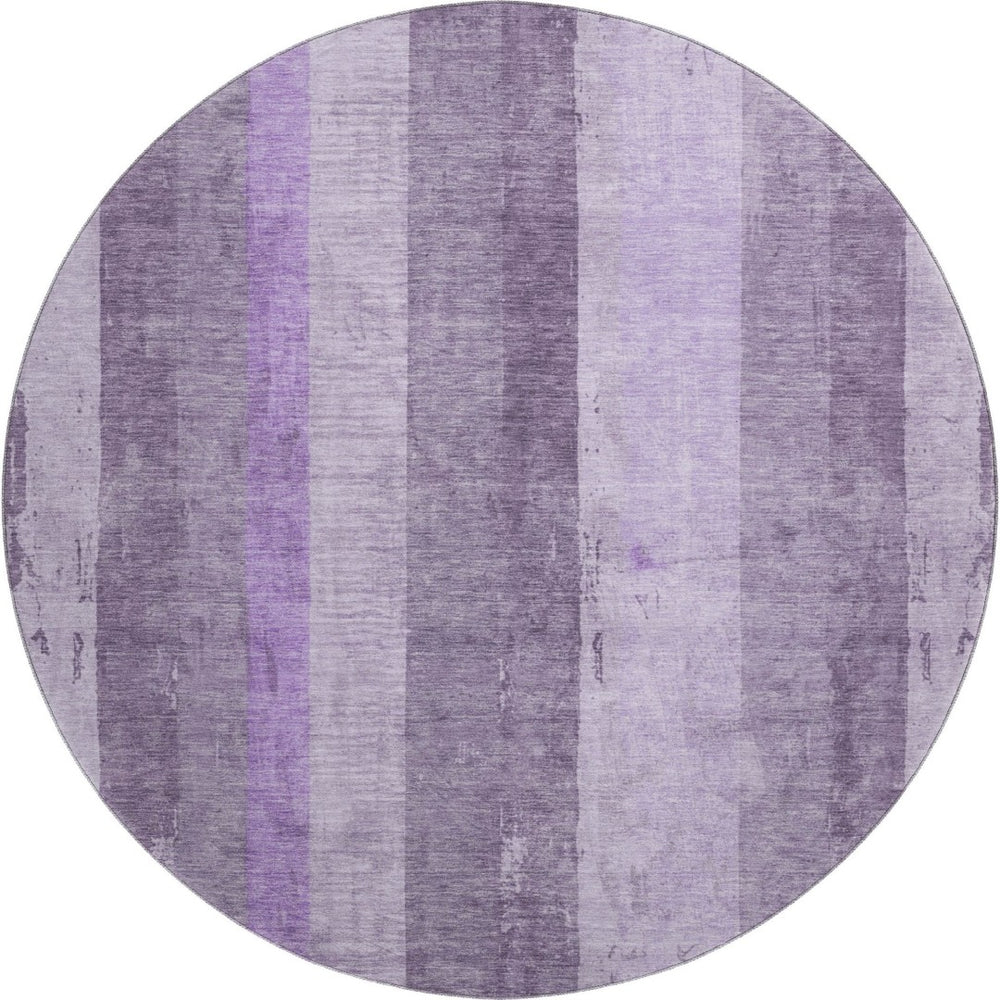 HomeRoots 8' Purple and Ivory Striped Washable Round Rug - Durable, UV-Protected, Stain-Resistant Design for Homes 697287