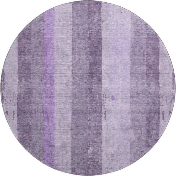 HomeRoots 8' Purple and Ivory Striped Washable Round Rug - Durable, UV-Protected, Stain-Resistant Design for Homes 697287