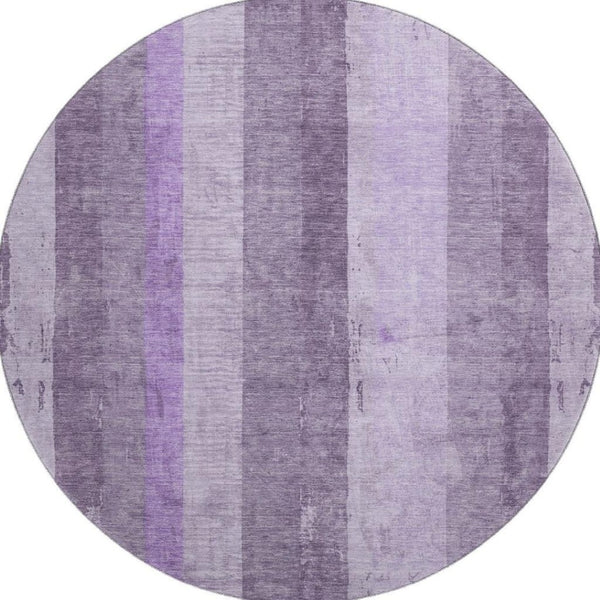 HomeRoots 8' Purple and Ivory Striped Washable Round Rug - Durable, UV-Protected, Stain-Resistant Design for Homes 697287
