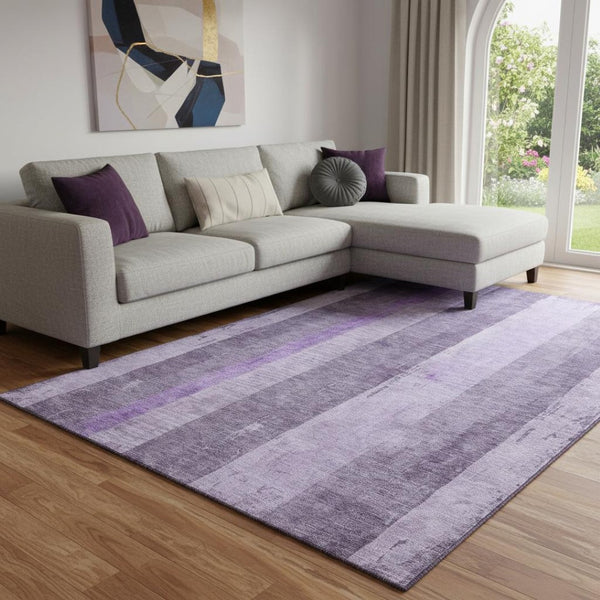 HomeRoots 8' X 10' Stylish Purple and Ivory Striped Washable Area Rug with UV Protection for Modern Homes 697288