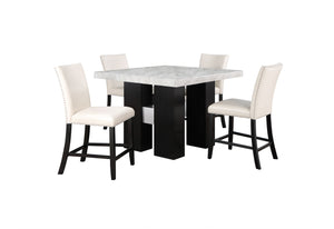 English Elm MIKHA Solid Wood White Bar Table with Faux Marble Top, Black Double Pedestal Base & Silver Connector B201S00094