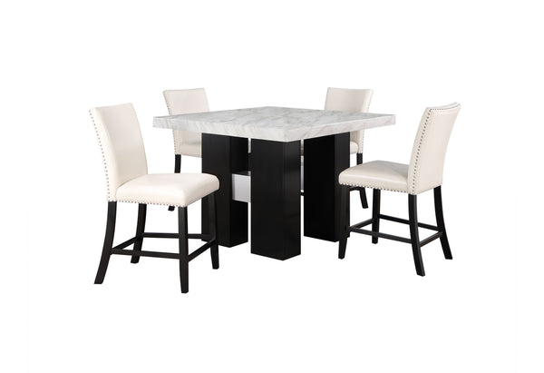 English Elm MIKHA Solid Wood White Bar Table with Faux Marble Top, Black Double Pedestal Base & Silver Connector B201S00094