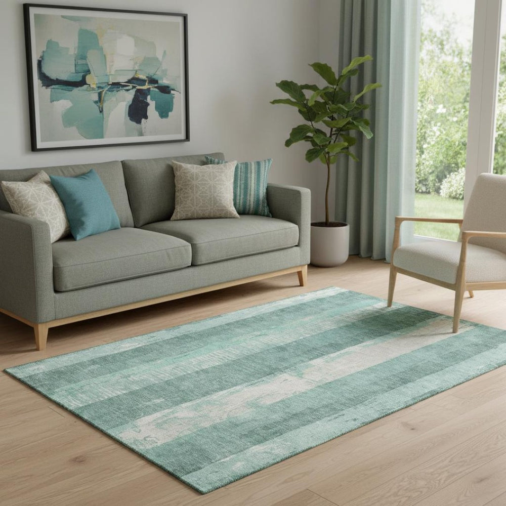 HomeRoots 5' X 8' Washable Pale Aqua Teal & Beige Striped Area Rug with UV Protection for Coastal Charm 697292