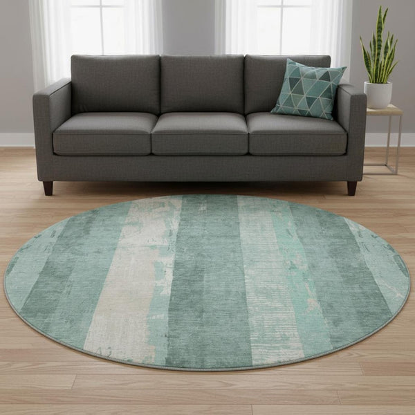 HomeRoots 8' Pale Aqua Teal & Beige Striped Washable Round Rug - Durable, UV-Protected, Stain-Resistant Design 697293