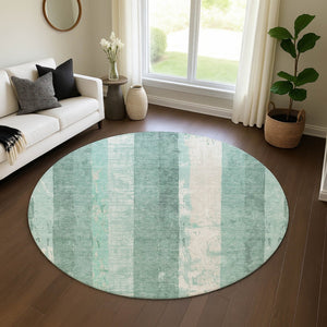 HomeRoots 8' Pale Aqua Teal & Beige Striped Washable Round Rug - Durable, UV-Protected, Stain-Resistant Design 697293
