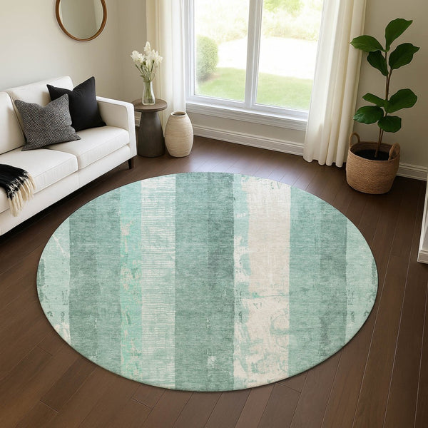 HomeRoots 8' Pale Aqua Teal & Beige Striped Washable Round Rug - Durable, UV-Protected, Stain-Resistant Design 697293