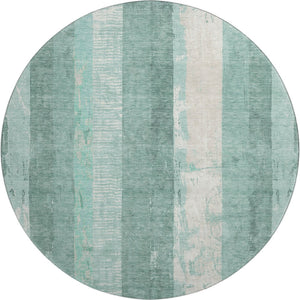HomeRoots 8' Pale Aqua Teal & Beige Striped Washable Round Rug - Durable, UV-Protected, Stain-Resistant Design 697293