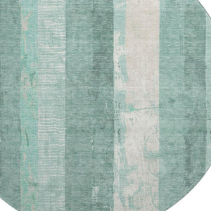 HomeRoots 8' Pale Aqua Teal & Beige Striped Washable Round Rug - Durable, UV-Protected, Stain-Resistant Design 697293
