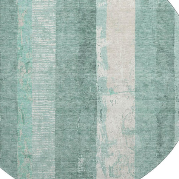 HomeRoots 8' Pale Aqua Teal & Beige Striped Washable Round Rug - Durable, UV-Protected, Stain-Resistant Design 697293