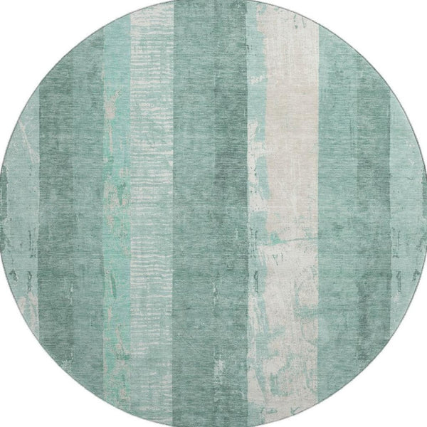 HomeRoots 8' Pale Aqua Teal & Beige Striped Washable Round Rug - Durable, UV-Protected, Stain-Resistant Design 697293