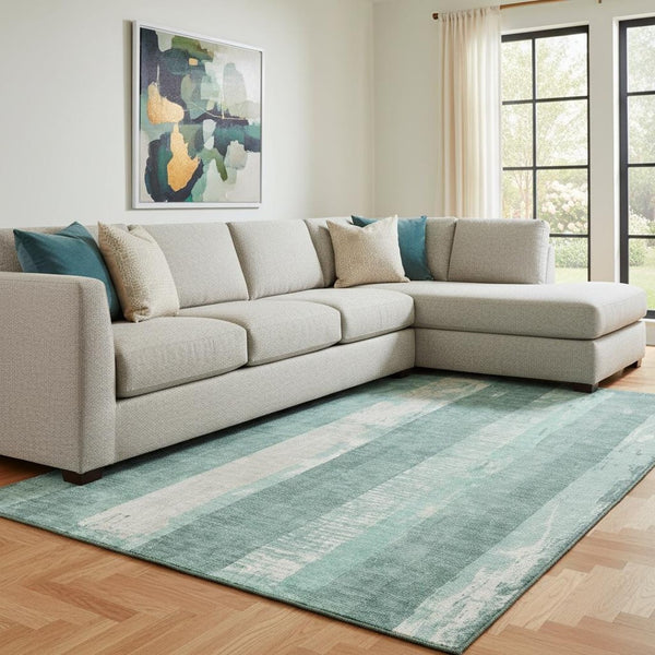 HomeRoots 8' X 10' Washable Pale Aqua Teal & Beige Striped Area Rug with UV Protection for High-Traffic Spaces 697294