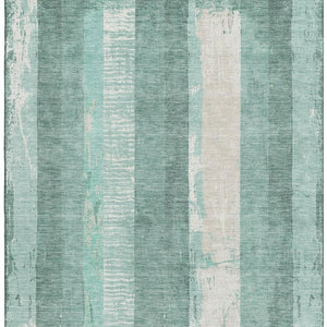HomeRoots 8' X 10' Washable Pale Aqua Teal & Beige Striped Area Rug with UV Protection for High-Traffic Spaces 697294