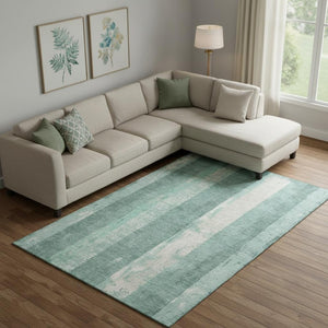 HomeRoots 9' X 12' Pale Aqua Teal & Beige Striped Area Rug – Washable, UV Protected, Stylish for Any Space! 697295