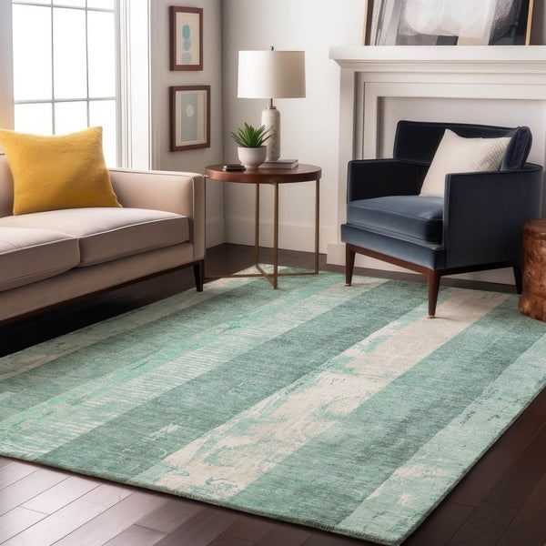 HomeRoots 9' X 12' Pale Aqua Teal & Beige Striped Area Rug – Washable, UV Protected, Stylish for Any Space! 697295