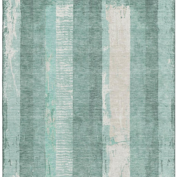 HomeRoots 9' X 12' Pale Aqua Teal & Beige Striped Area Rug – Washable, UV Protected, Stylish for Any Space! 697295