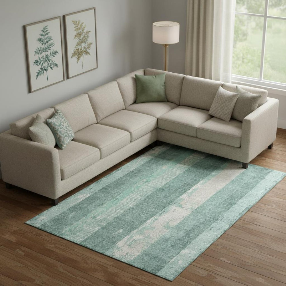 HomeRoots 10' X 14' Striped Washable Area Rug in Pale Aqua Teal & Beige - UV Protection for Easy Care! 697296