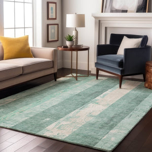 HomeRoots 10' X 14' Striped Washable Area Rug in Pale Aqua Teal & Beige - UV Protection for Easy Care! 697296