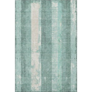 HomeRoots 10' X 14' Striped Washable Area Rug in Pale Aqua Teal & Beige - UV Protection for Easy Care! 697296