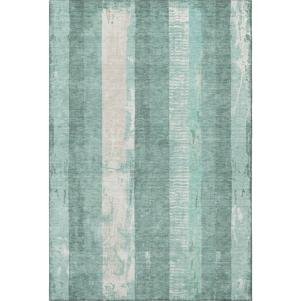 HomeRoots 10' X 14' Striped Washable Area Rug in Pale Aqua Teal & Beige - UV Protection for Easy Care! 697296