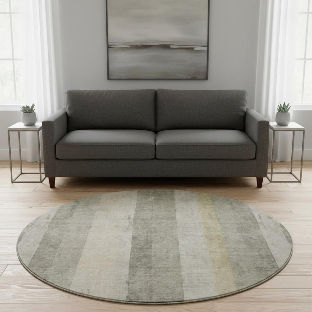 HomeRoots 8' Washable Round Rug in Taupe Beige & Tan Stripes – Durable, UV Protected, Perfect for Any Room! 697299