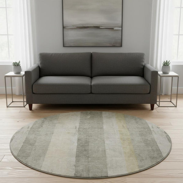 HomeRoots 8' Washable Round Rug in Taupe Beige & Tan Stripes – Durable, UV Protected, Perfect for Any Room! 697299