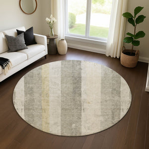 HomeRoots 8' Washable Round Rug in Taupe Beige & Tan Stripes – Durable, UV Protected, Perfect for Any Room! 697299