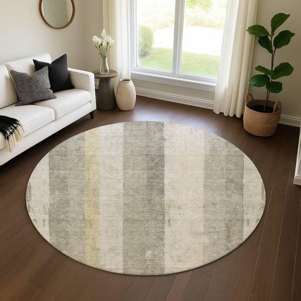 HomeRoots 8' Washable Round Rug in Taupe Beige & Tan Stripes – Durable, UV Protected, Perfect for Any Room! 697299