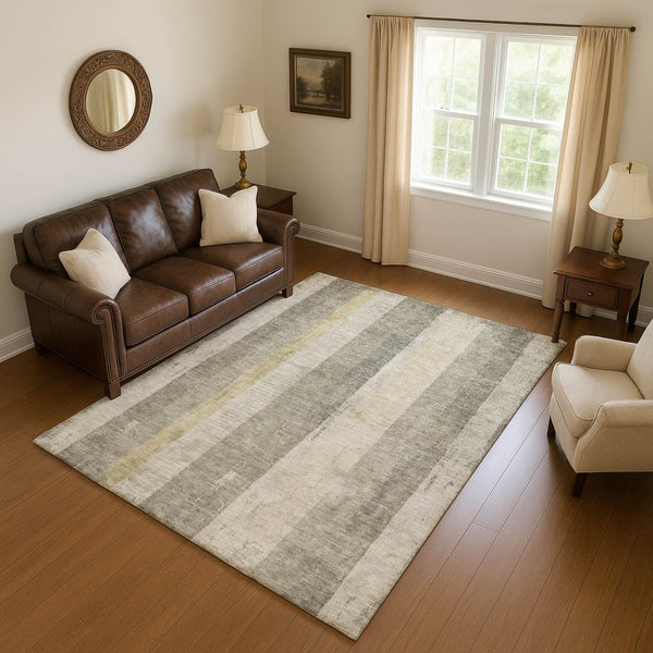 HomeRoots 9' X 12' Taupe Beige & Tan Striped Area Rug - Washable, UV Protected, Stain Resistant for Home Use 697301