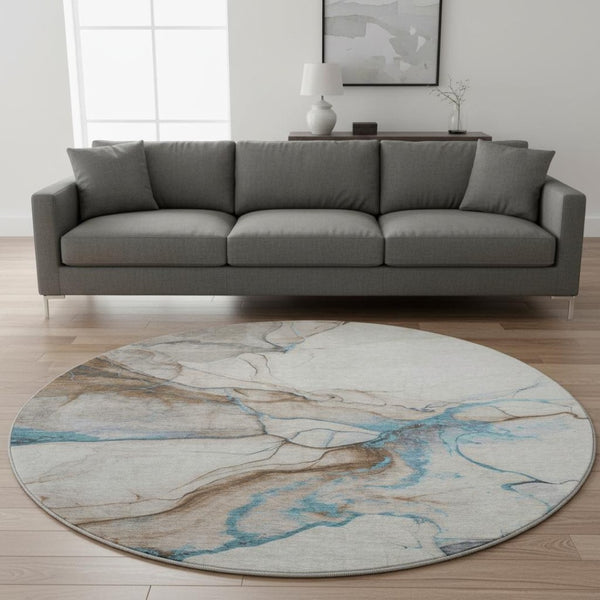 HomeRoots 8' Beige Blue and Gray Abstract Round Rug - Washable, UV-Protected, Stylish for Modern Spaces 697305