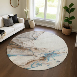 HomeRoots 8' Beige Blue and Gray Abstract Round Rug - Washable, UV-Protected, Stylish for Modern Spaces 697305