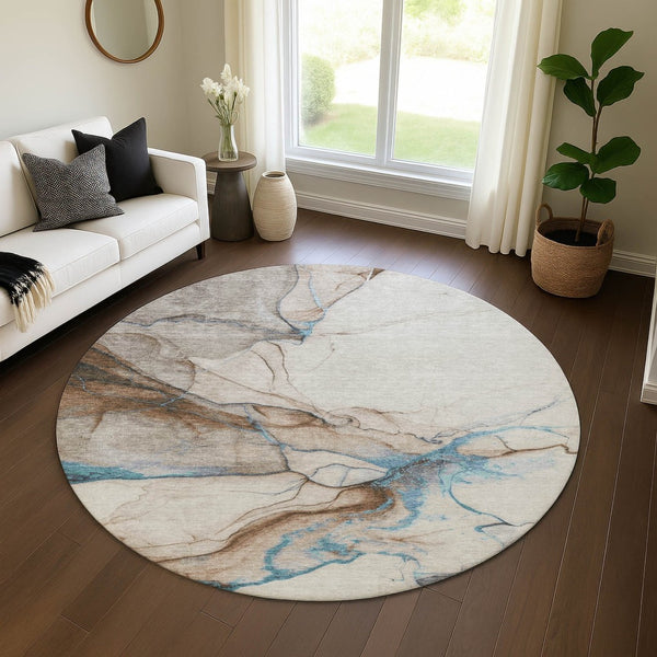 HomeRoots 8' Beige Blue and Gray Abstract Round Rug - Washable, UV-Protected, Stylish for Modern Spaces 697305