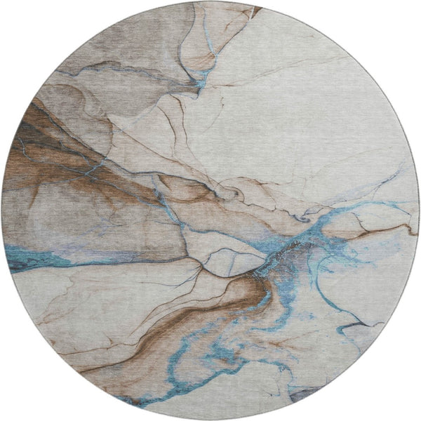 HomeRoots 8' Beige Blue and Gray Abstract Round Rug - Washable, UV-Protected, Stylish for Modern Spaces 697305
