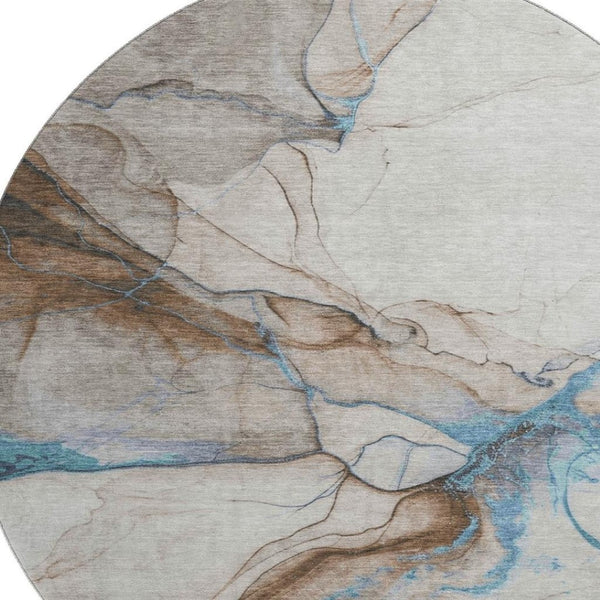 HomeRoots 8' Beige Blue and Gray Abstract Round Rug - Washable, UV-Protected, Stylish for Modern Spaces 697305