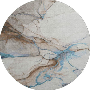 HomeRoots 8' Beige Blue and Gray Abstract Round Rug - Washable, UV-Protected, Stylish for Modern Spaces 697305