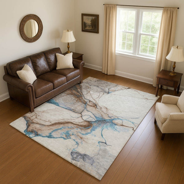 HomeRoots 8' X 10' Modern Abstract Washable Area Rug – Beige, Blue & Gray with UV Protection for Durability 697306