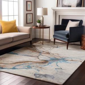 HomeRoots 8' X 10' Modern Abstract Washable Area Rug – Beige, Blue & Gray with UV Protection for Durability 697306