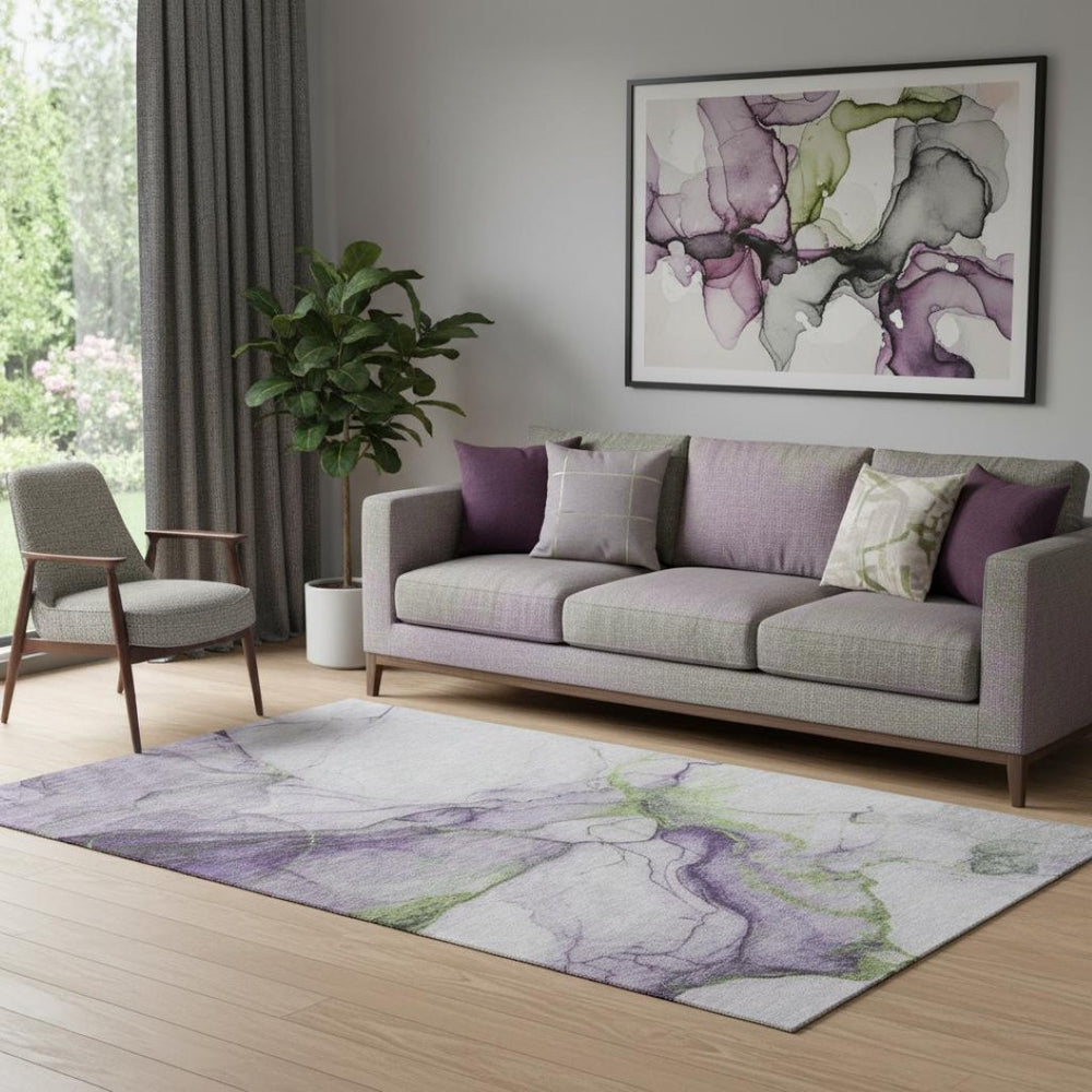 HomeRoots 5' X 8' Abstract Washable Area Rug in Purple, Green, and Ivory – UV Protected, Easy Care & Stylish! 697310