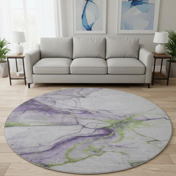 HomeRoots 8' Bold Purple, Green & Ivory Abstract Round Rug - Washable, UV-Protected, Pet-Friendly Design! 697311