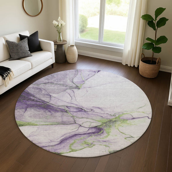 HomeRoots 8' Bold Purple, Green & Ivory Abstract Round Rug - Washable, UV-Protected, Pet-Friendly Design! 697311