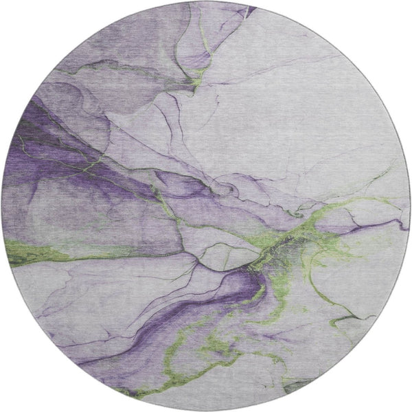HomeRoots 8' Bold Purple, Green & Ivory Abstract Round Rug - Washable, UV-Protected, Pet-Friendly Design! 697311
