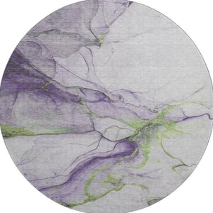 HomeRoots 8' Bold Purple, Green & Ivory Abstract Round Rug - Washable, UV-Protected, Pet-Friendly Design! 697311