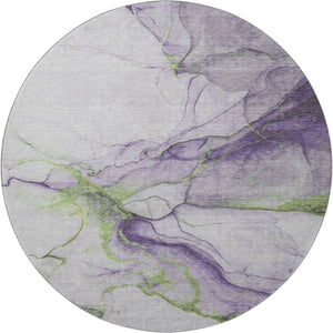 HomeRoots 8' Bold Purple, Green & Ivory Abstract Round Rug - Washable, UV-Protected, Pet-Friendly Design! 697311